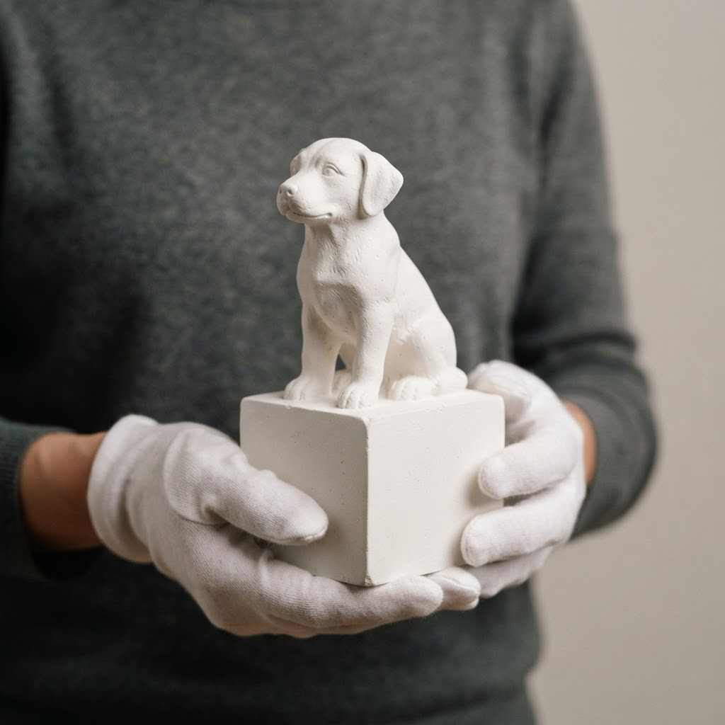 Dog sculpture — The Plaster Companion in Hand-finished plaster, shown held in gloved hands at 200mm wide